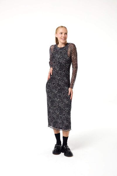 Astarlı Leopar Desenli Maxi Mesh Elbise XL