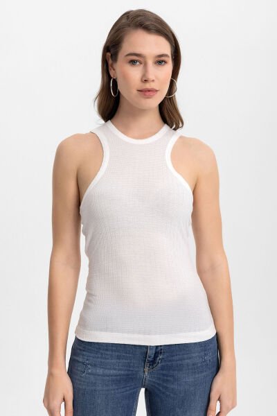 İnce Fitilli Halter Yaka Basic Atlet Beyaz - XL