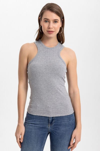 İnce Fitilli Halter Yaka Basic Atlet Gri - XL