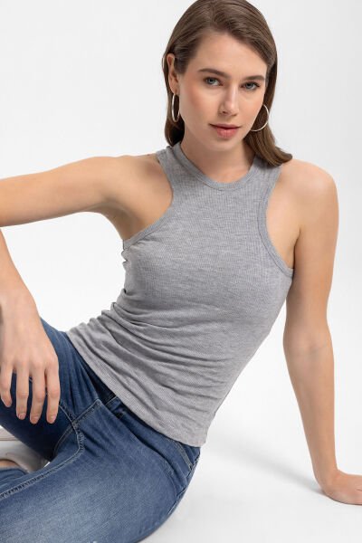 İnce Fitilli Halter Yaka Basic Atlet Gri - XL