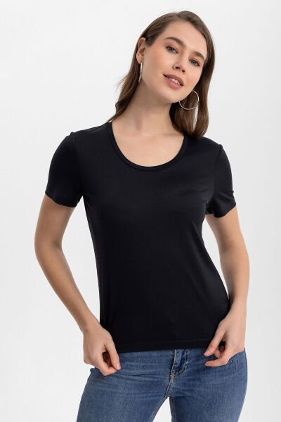 Geniş Yuvarlak Yaka Tensel Basic Tshirt Siyah - XL