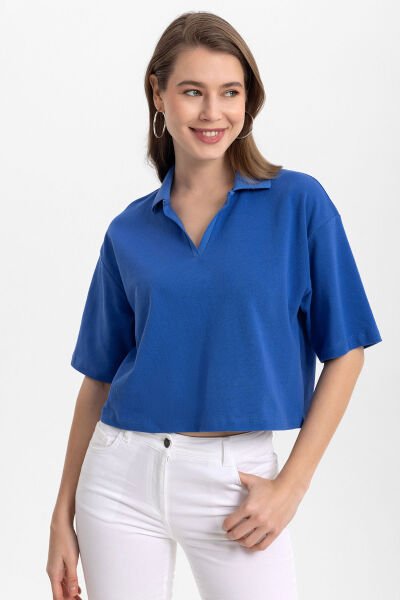 Polo Yaka Yarım Kol Basic Tshirt Lacivert - XL